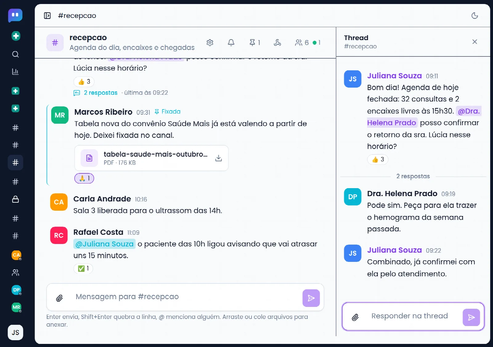 Thread aberta ao lado do canal: a médica responde à recepção sem atrapalhar o resto da conversa