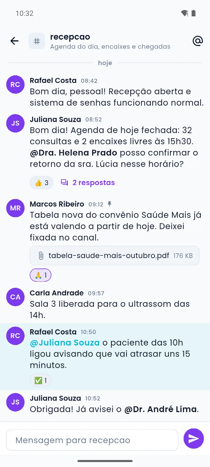 Canal #recepcao no app Android, com menções, reações, thread, mensagem fixada e anexo