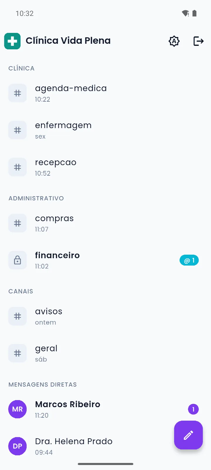 App Android do WeeChat: lista de canais da Clínica Vida Plena organizados em seções, com mensagens diretas e não lidas
