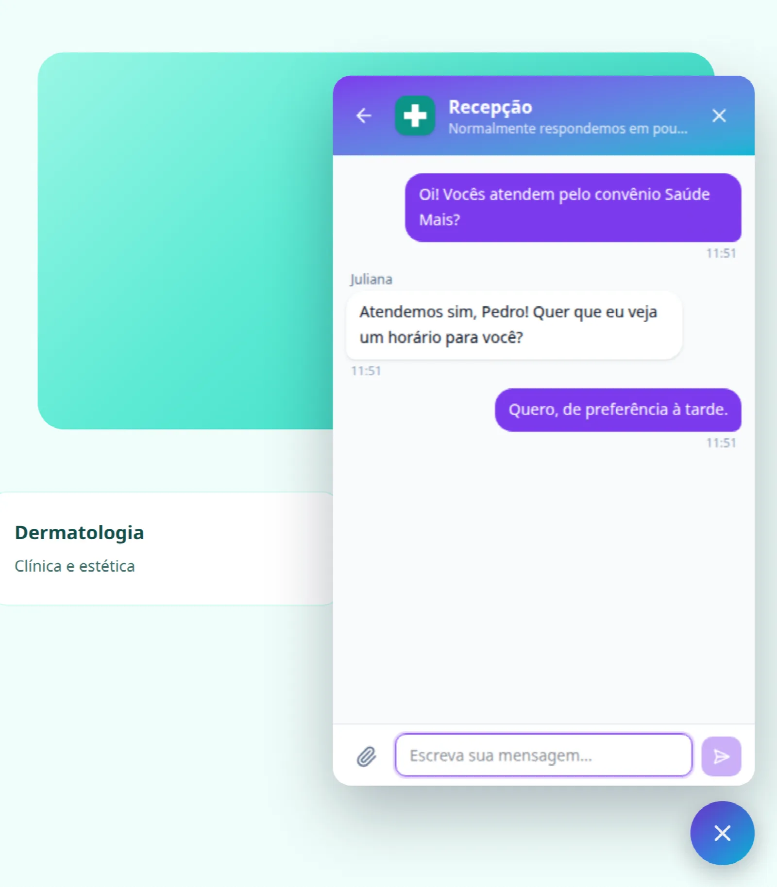 Site da Clínica Vida Plena com o widget do WeeChat aberto: um paciente pergunta sobre convênio e a recepção responde